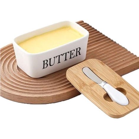 Beurrier - Beurrier en céramique - Boîte à beurre - Avec couvercle et couteau - Double joint en silicone - Contient deux noisettes de beurre - Blanc (1/5)