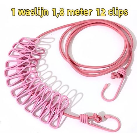 Étendoir à linge portable d'extérieur - Geen bosses - Idéal pour sécher le linge à la maison grâce à ses fixations robustes - 1,8 m avec 12 pinces - Rose (1/5)