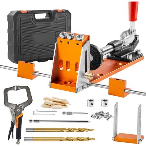 Kit de Gabarit à Percer Oblique 34 Pièces, avec Serre-joint 27,9 cm, Forets, Clés, Anneaux de Butée, Embouts Carrés, Coffret, pour Projets de Menuiserie DIY, Réglable (1/5)