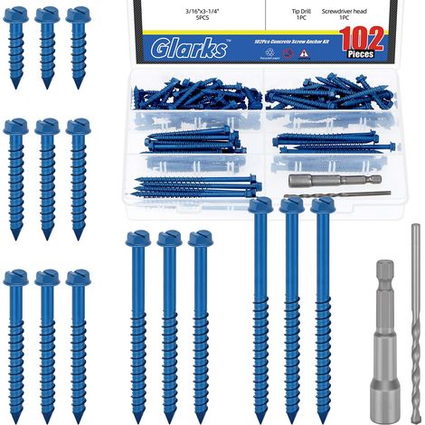 102pcs 3/16 x 1-1/4 1-3/4 2-1/4 2-3/4 3-1/4'' Hex rondelle tête vis en béton Kit d'ancrage, vis de ciment lourd bleu avec broche de forage et broche de pilote (1/5)
