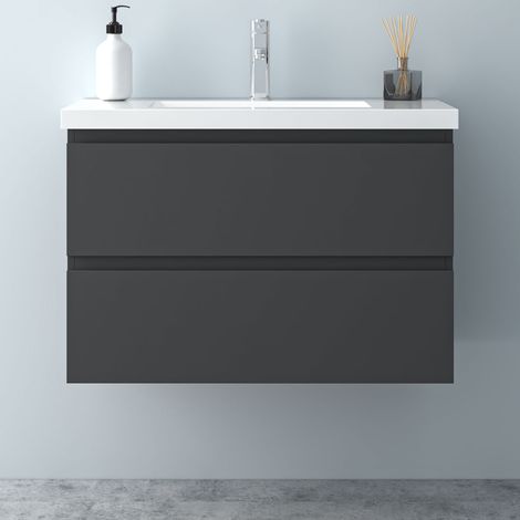 80 cm Badmöbel Set Unterschrank 2 Schubladen soft close Badezimmermöbel Selbstmontierter mit Weiß Mineralguss waschtisch Unterschrank mit Anthrazit Matt (1/5)