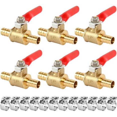 Lot de 6 robinets sphériques d'arrêt à 2 voies - 8 mm - Avec 12 pinces - Douille de tuyau - Interrupteur - Robinet sphérique droit - Raccord de tuyau - Poignée de commande à 180 degrés (1/5)