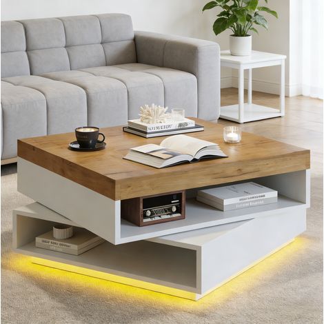 Tavolino basso 65x65x40 cm bianco e legno, piano girevole 360°, LED, vani aperti, MDF, MEUBLIV (1/5)