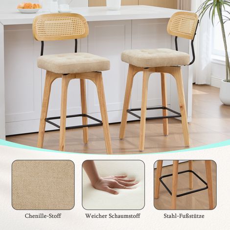 Lot 2 tabourets bar rotatifs 360°, dossier rotin assise rembourrée, mid-century, cuisine salle à manger, coloris kaki (1/5)