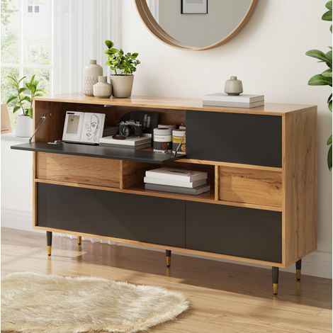 Credenza da soggiorno e sala da pranzo 140 x 40 x 84,5 cm, PB e MDF, nero e naturale (1/5)