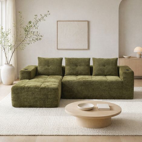 Sofá rinconera 255x161x64 cm verde, 3 cojines y portavasos, tapizado chenilla MEUBLIV (1/5)