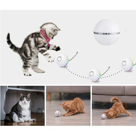 Balle électrique pour chat, en plastique, rechargeable par USB, 6 x 6 cm, adaptée aux chats, avec LED, avec 2 accessoires, cloche et plume, faible bruit, blanche (1/4)