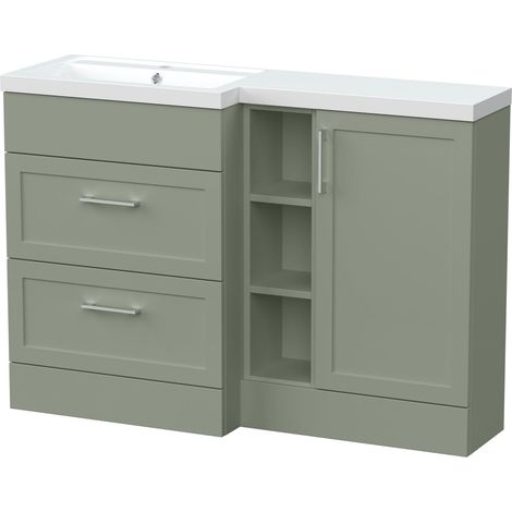 Pirehill Traditional Floor Standing 2 Drawer 1 Door Vanity Basin Unit with Shelves and Basin, Left Hand, 1200mm, Fern Green (1/4)