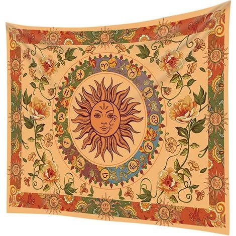 1 tapisserie murale Soleil et Lune 200x150cm, feuilles et fleurs, H (1/5)