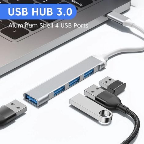 Hub USB 3.0 - Divisor USB - 4 puertos USB 3.0 A adicionales - Hub USB - Cable de 6 cm - 5 Gbps - Aluminio - Gris (1/5)