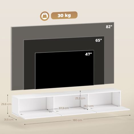 Meuble TV suspendu mural trois tiroirs grand rangement longueur 180 cm panneau particules blanc (1/4)