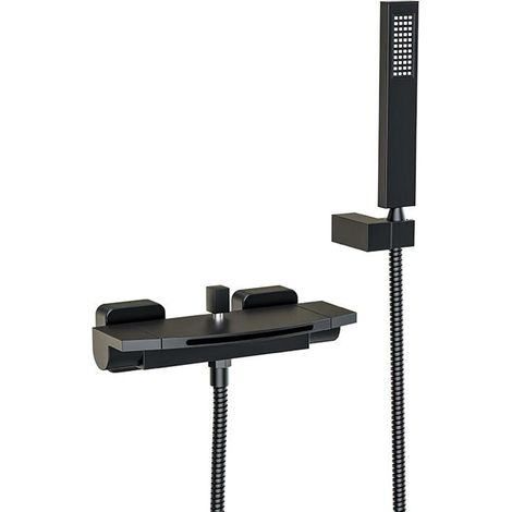 Thermostatische Wasserfall-Badewannenarmatur mit Handbrause, Messing-Mischbatterie, Wand-Duscharmatur mit Warm- und Kaltwasseranschluss, Schwarz