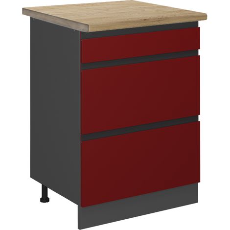 Mobiletto base per cucina R-Line, Rosso, 60 cm con cassetti, PL Rovere, Vicco