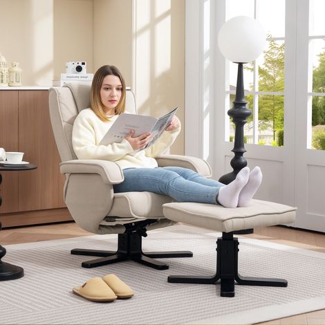Sillón Relax Reclinable con Reposapiés Giratoria Tapizado en Lino con Base de Madera Beige (1/5)