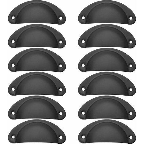 12-teiliges Set Vintage-Schubladengriffe in Muschelform für Schränke und Küchenmöbel, gebogene Retro-Türknöpfe aus Eisen, 8,2 cm x 3,5 cm, Möbelgriffe mit Schrauben, Schwarz (1/4)