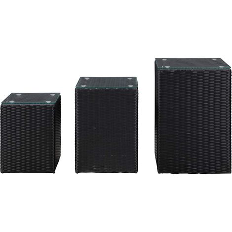 vidaXL Side Tables 3 pcs with Glass Top Black Poly Rattan