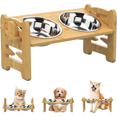 Gamelle surélevée pour chien - 6 hauteurs réglables - Station d'alimentation avec support pour petits chiens et chats - en bambou avec 2 gamelles en acier (1/5)