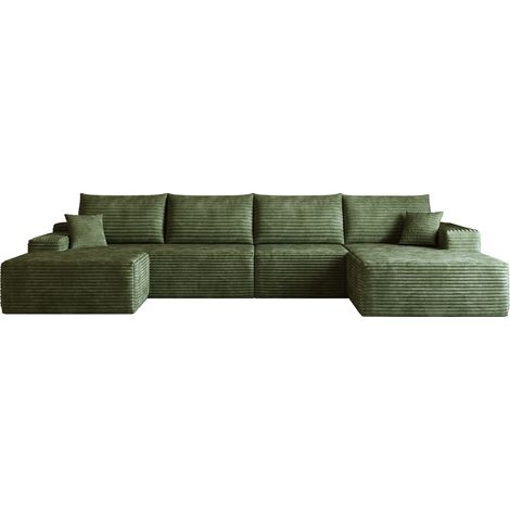 Sofá esquinero modular de 340 cm con chaise longue en L de terciopelo acanalado verde MODENUIT (1/5)