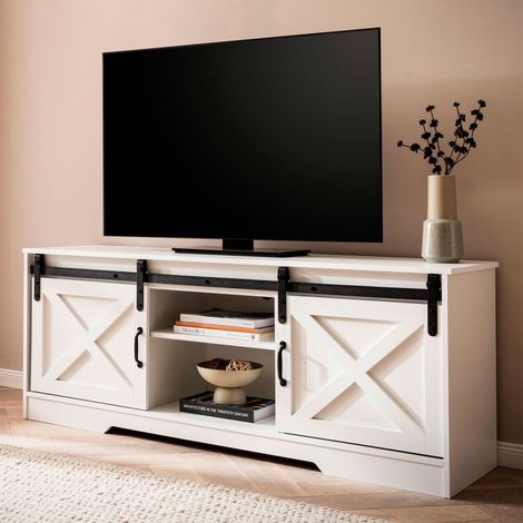 Meuble TV 2 portes coulissantes à rail 150x39x59 cm blanc et noir (1/5)