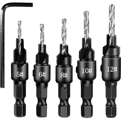 5Pcs Jeu de Forets à Chanfreiner, Jeu de Fraises Tige hexagonale Réglable 1/4" Changement Rapide, Mèches à fraiser remplaçables avec Une Clé Hexagonale, Ensemble de forets pour Travail du bois
