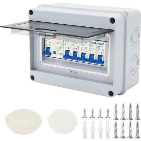 Boîte à fusibles 5 voies - Montage en saillie : IP65 - Petit distributeur étanche - En saillie avec disjoncteur - Pour atelier, bureau, garage - 63 A 30 mA RCD 4MCB - 2 x 6A+10A+20A+32A (1/5)