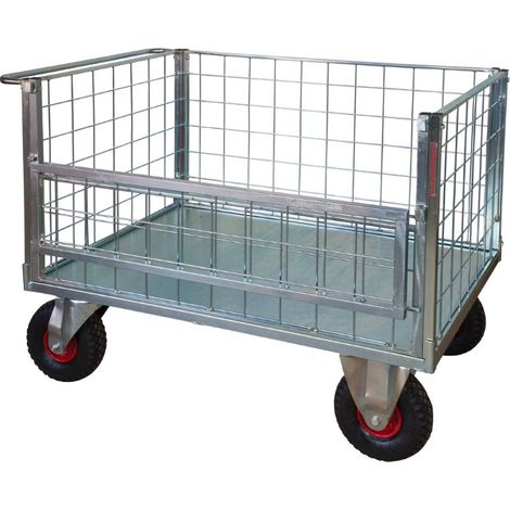 Pianale verniciato a 4 sponde di cui 1 ribaltabile in rete con ruote antiforatura, 2 con freno