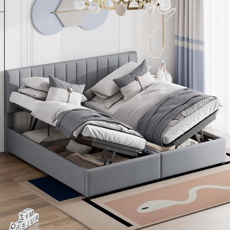 Letto contenitore 180x200 cm, con idraulica per spazio di stoccaggio, testiera regolabile, rete a doghe in legno, letto matrimoniale imbottito in lino - Grigio