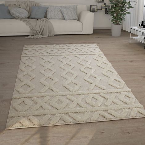 Paco Home Hochflor Teppich Wohnzimmer Shaggy 3D Optik Ethno Boho Vintage Look Weich 80x150 cm, Creme 3