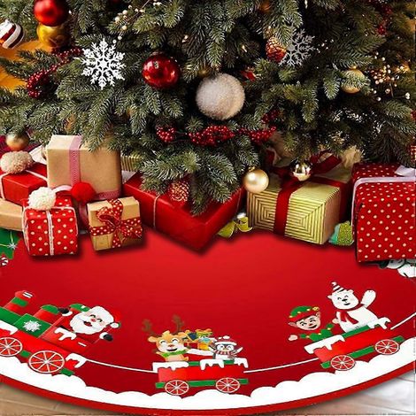 Couverture ronde rouge pour sapin de Noël de 90 cm, ornée d'un ruban décoratif, et housse pour pied de sapin. (1/5)