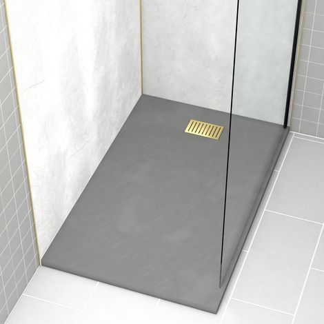 receveur de douche gris effet pierre 90x140 cm et grille décor linéaire or doré brossé