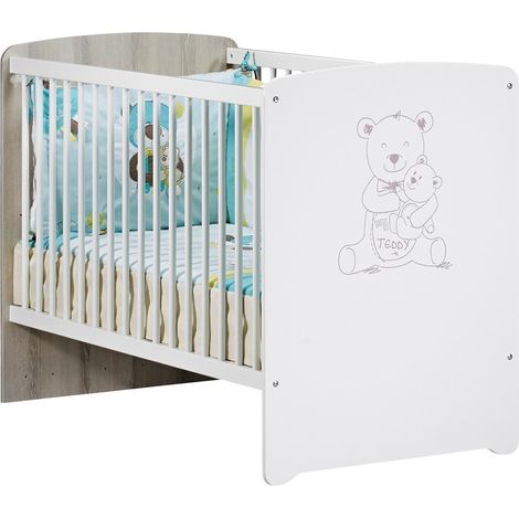 Les Tendances – Lit bébé 120x60 – Sommier réglable 3 positions – Sérigraphie ours taupe – Panneaux MDF laqués blanc – Fabrication européenne (1/3)