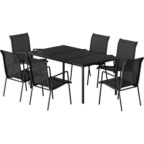 Outsunny Set Pranzo Giardino 7 Pezzi, 6 Sedie Impilabili, Nero