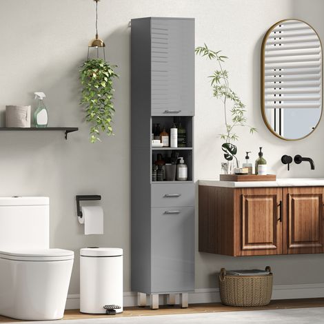 Armario de baño, cómoda de baño, con estantes y cajón, ajustable, gris. (1/5)