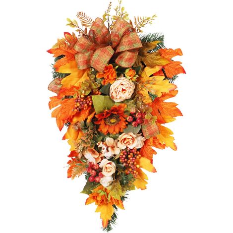 Guirlande Chute Automnale - 55 cm - Feuilles D'érable Fleur De Tournesol Baies Rubans - Décoration Porte Mur Intérieur Extérieur - 1 Pièce (1/5)