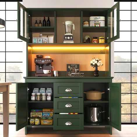 Küchenschränke (120 x 40 x 179 cm), hohe Küchenschränke, Sideboards, Küchenschränke mit braunen Glastüren und LED-Beleuchtung, grün