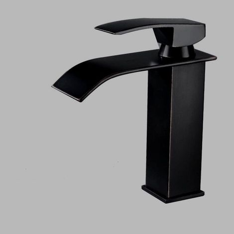 Robinet de salle de bain à bec cascade en laiton noir, robinet de lavabo de salle de bain à poignée unique, noir mat (1/5)