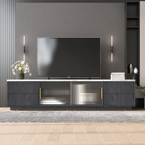 Mobile TV elegante e di lusso da 160 cm, piano in marmo, 4 cassetti con funzione push-to-open + anta scorrevole, grigio scuro