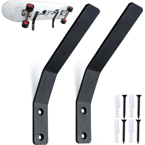 Support Skateboard Mural, Supports Muraux pour Skateboards en Métal, Support de Rangement pour Planche à roulettes, Longboards, Snowboard, Porte Ski Mural (2 Pièces, Noir) (1/5)