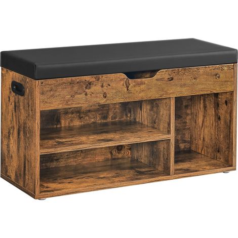 Banc à Chaussures Rembourré, Banc de Rangement, Rangement Caché, Étagères, Meuble d'Entrée, Capacité de Charge 136 kg, 30 x 80 x 44 cm, Marron Rustique et Noir d’Encre LHS30BX (1/5)