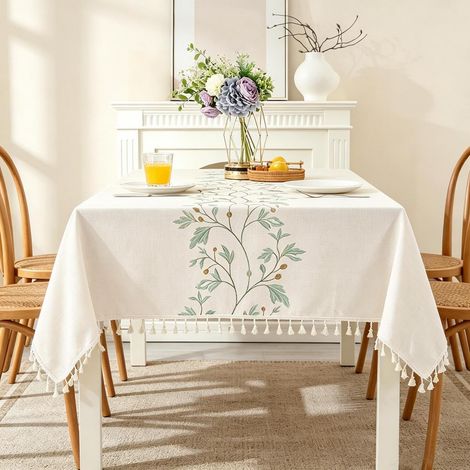 Nappe 140x180 cm Blanc Lin-Coton avec broderie et pompons