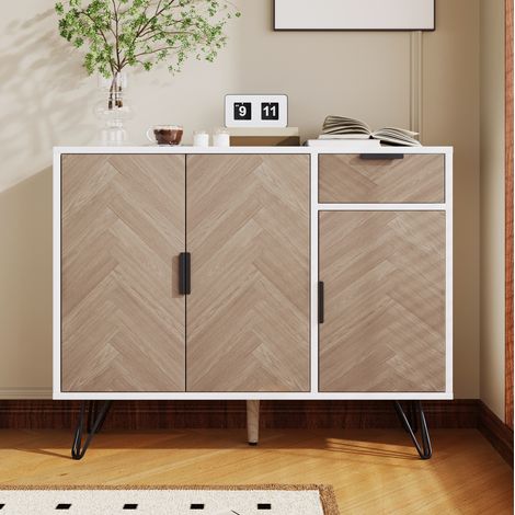 Aparador de almacenaje 90 x 30 x 71,5 cm, 3 puertas, 1 cajón, blanco y madera DESVIAE (1/5)
