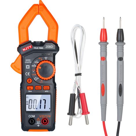 Multimètre à pince numérique NJTY 208D – Mesure AC/DC jusqu'à 600A, Température, NCV – Multimètre True-RMS avec diode, fréquence, capacitance, LoZ – Pour professionnels et DIY (avec étui et sondes) (1/3)