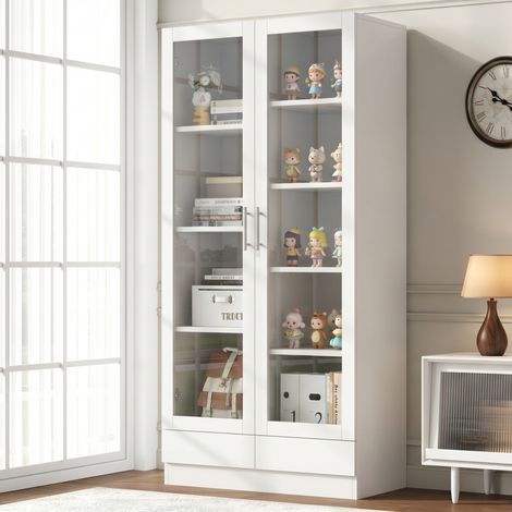 Vitrine avec 2 tiroirs, rangement polyvalent pour salon ou bureau, 80x40x160 cm, MDF et verre blanc (1/5)