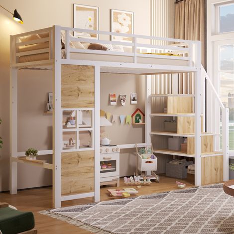 Cama alta infantil 90x200 cm con escalera con almacenaje, barandilla de seguridad, espacio abierto inferior y estante lateral, estructura de metal y MDF blanca CHICFURN (1/5)