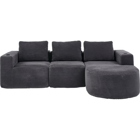 Canapé compact 265 cm gris foncé pour petits salons, appartements et bureaux, avec 3 coussins, double porte-gobelet et confort à double couche en tissu, CHICFURN (1/5)