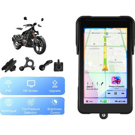 Dashcam per moto, schermo da 5 pollici, risoluzione 854 x 480, tensione di funzionamento 12V, supporta CarPlay e Android Auto, impermeabile IP68. (1/5)