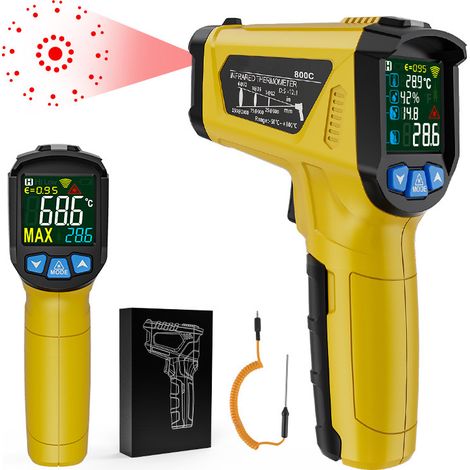 Infrarot-Thermometer, Laser und Sonde, IR-Temperaturpistole, berührungslos, LCD, -50 °C bis 800 °C, einstellbarer Emissionsgrad, Alarm, Taupunkt, Küche, Grill, Gefrierschrank, Lebensmittel, Industrie