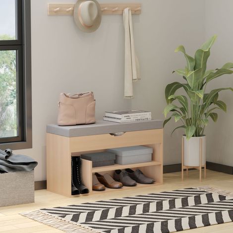 Meuble Chaussures Banc à Chaussures 2 Niveaux Rangement, Niche + Coffre intégré avec Coussin Beige Gris (1/5)