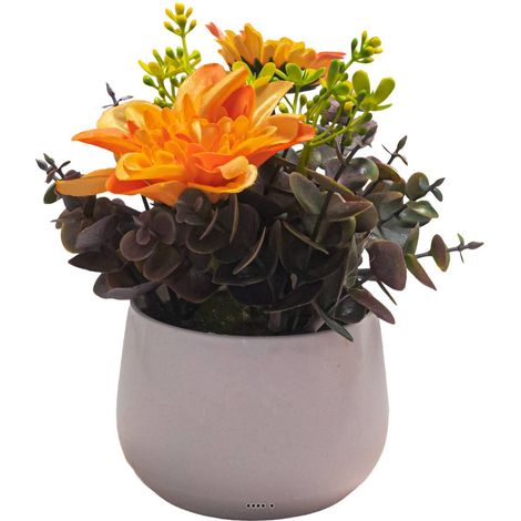 Pot de Dahlias fleurs artificielles pour le Funérarium H 17 cm D 14 cm Jaune-orange - couleur: Jaune-orange