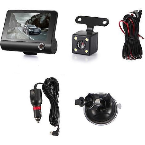 4-Zoll-Auto-Dashcam mit HD-Bildschirm (1080p), 3-Linsen-Videorekorder, Front-, Innen- und Rückkamera